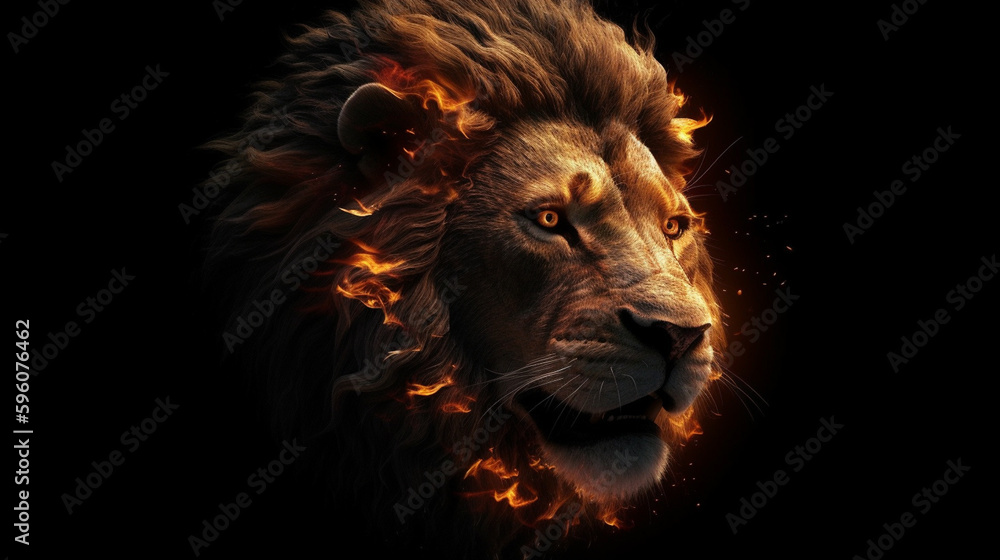 Naklejka premium Lion in the fire on a black background. generative ai