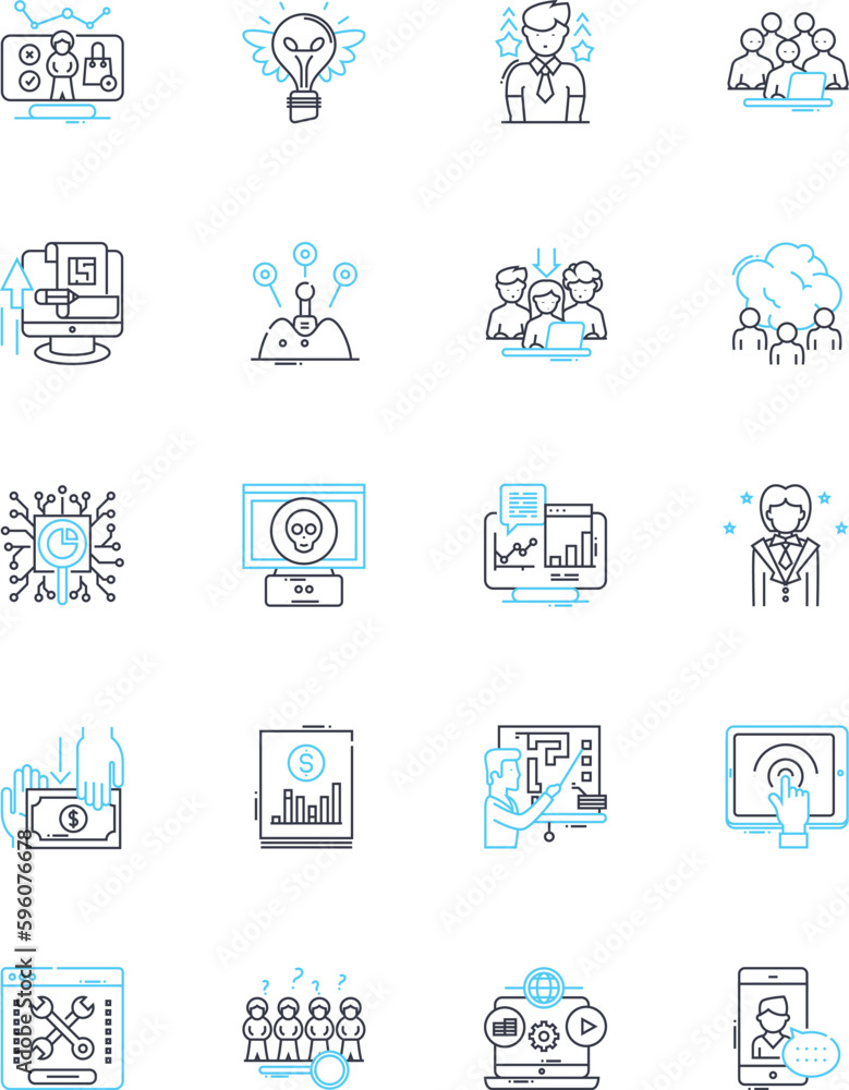 Brand building linear icons set. Identity, Consistency, Awareness, Trust, Reputation, Messaging, Perception line vector and concept signs. Image,Story,Differentiation outline illustrations