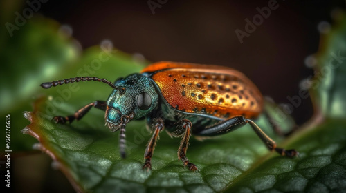 Macro shot of a ladybug on a leaf in the rain.generative ai © S...
