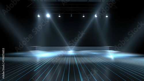 spotlights shine on stage floor in dark room, idea for background, backdrop, mock up, futuristic background, Generative Ai