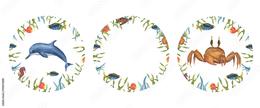 Set of round watercolor frame in marine style isolated on white background. Illustration with cute sea animals among plants for postcard design, different templates, birthday cards, logo, decoration