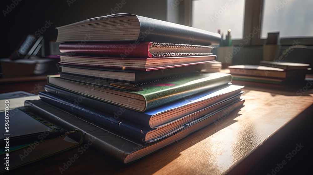 Obraz premium close up book stack on table, idea for creative and knowledge with strong will determine, Generative Ai