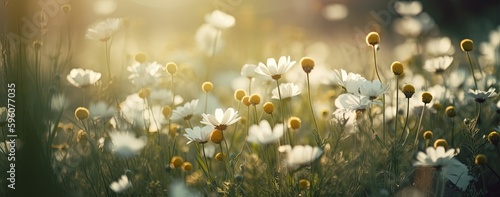 spring white daisy flowers blossom field banner background, Generative Ai 
