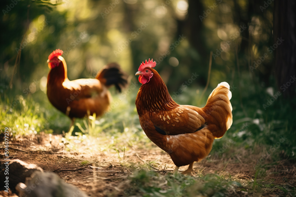 Domestic chickens in nature. Created using Generative AI technology.