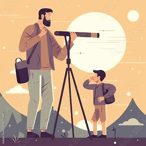 Dad and his children are observing the space with telescope, flat stye vector.