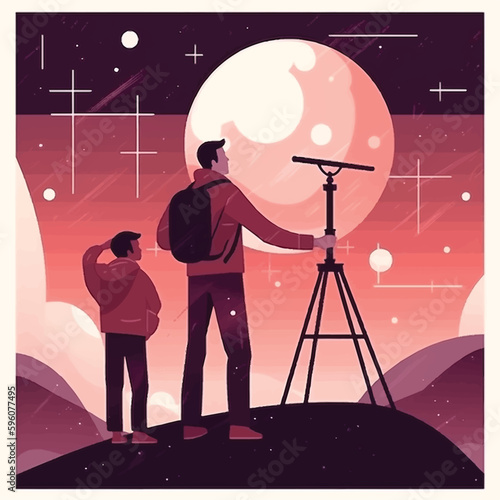 Dad and his children are observing the space with telescope, flat stye vector.