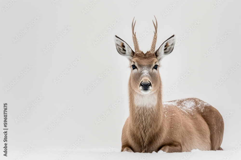 Fototapeta premium A deer in the snow with the head turned to the left. created with generative AI