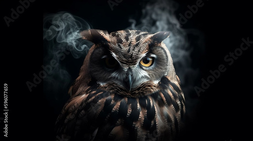 Portrait of a beautiful owl with smoke on a black background.generative ai © S...