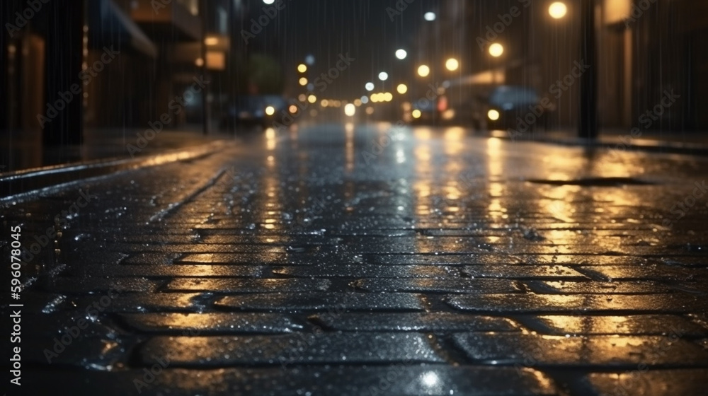 Raindrops on the asphalt in the night city. generative ai