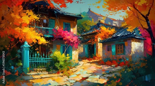 illustration of vivid tone color Asian village in summer time, Generative Ai