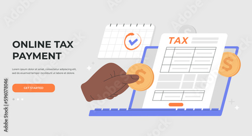 Online tax payment concept. Financial research report and calculation of tax return. Payment of debt. Landing page template. Vector illustration, isolated on light background, flat cartoon style