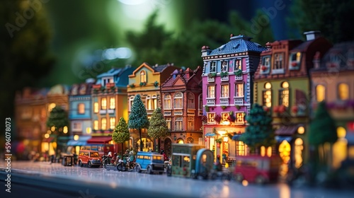 cute miniature cityscape with buildings, trees cars, street view, Generative Ai