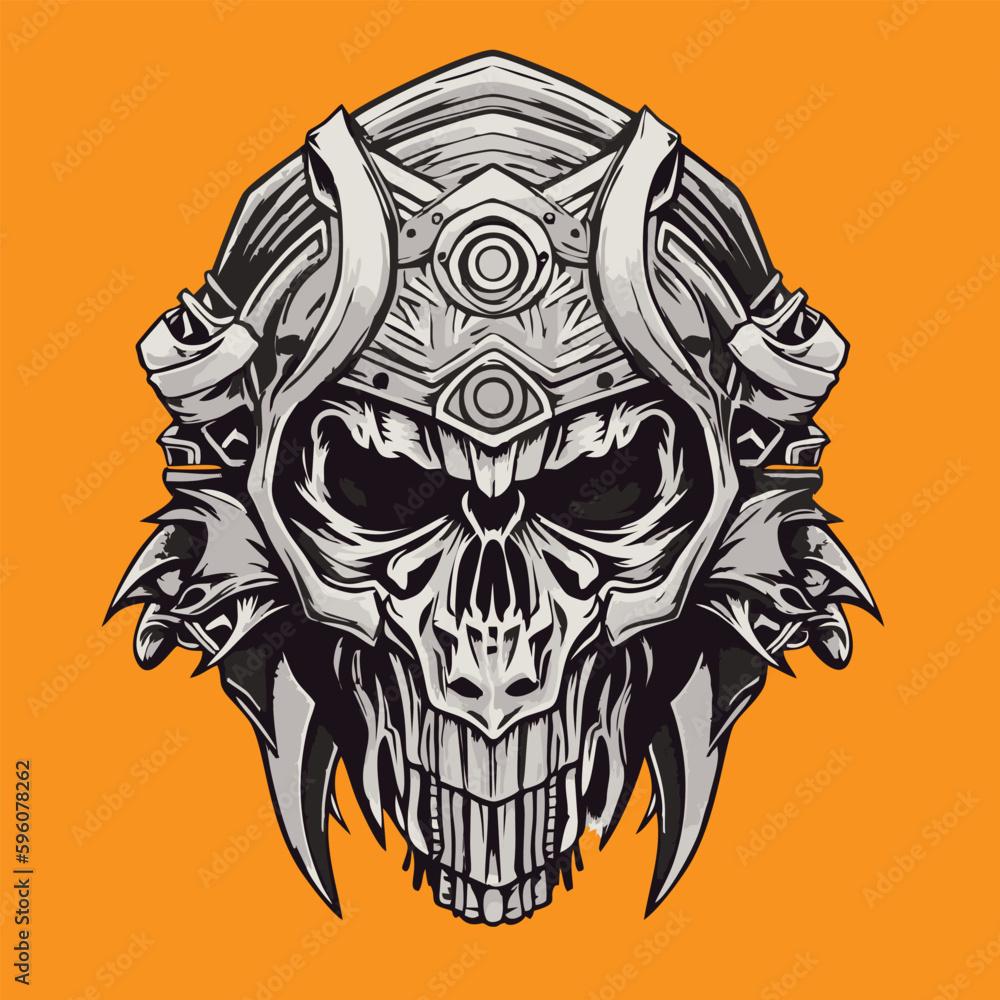 Fototapeta premium Skull in the helmet of the knight. Vector illustration on orange background