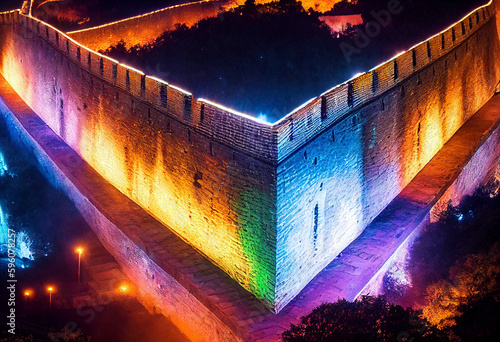 Vista nocturna de Muralla con alumbrado LED RGB con tecnología de IA generativa