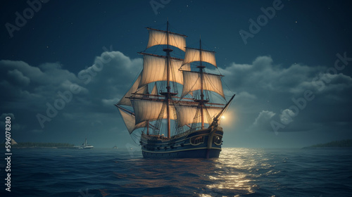 Sailing ship in the sea at full moon night.generative ai