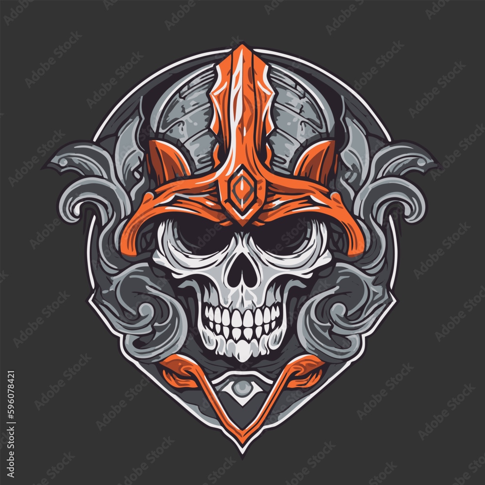 Fototapeta premium Gothic viking skull with horned helmet. Vector illustration