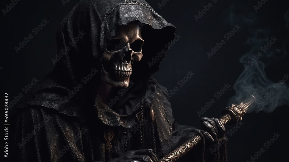 Halloween concept. Man in death costume with sword and skull on black background.generative ai