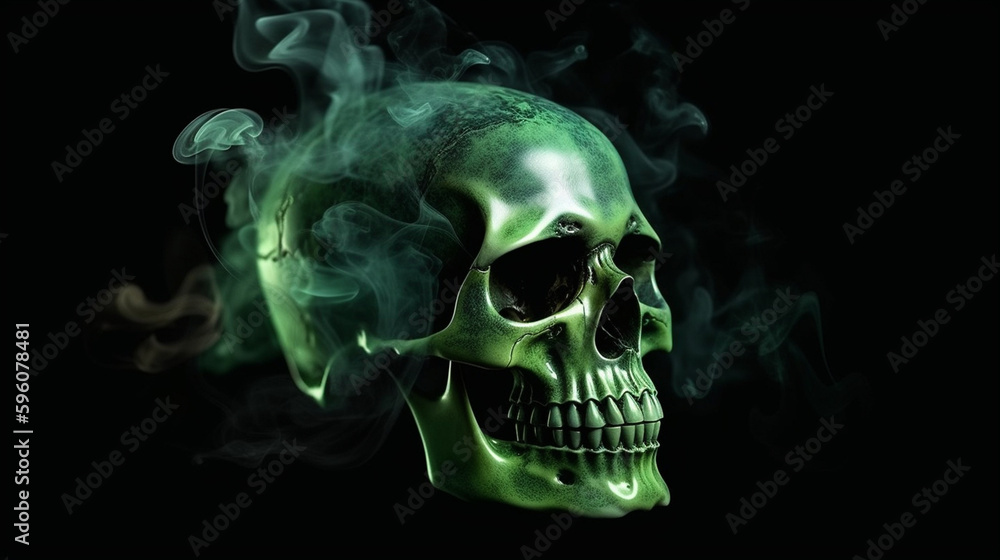 Green skull with smoke on black background. Halloween concept.generative ai Green skull with smoke on black background. Halloween concept.generative ai