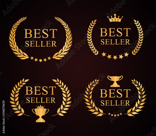 A set of gold award winners with gold laurel wreaths and a trophy