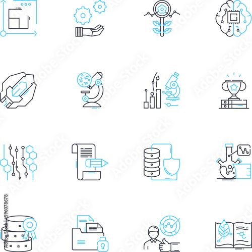 Investigation and analysis linear icons set. Scrutiny, Examination, Probe, Inspection, Surveillance, Research, Inquiry line vector and concept signs. Study,Dissection,Interrogation outline