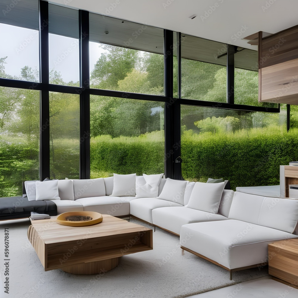 14 A contemporary, minimalist living room with a mix of white and natural wood finishes, a low-profile sectional sofa, and a large, abstract painting3, Generative AI