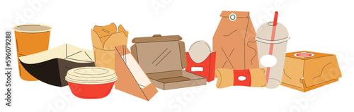 Food takeaway carton package vector. Lunch boxes. Cardboard cups, recyclable paper boxes.