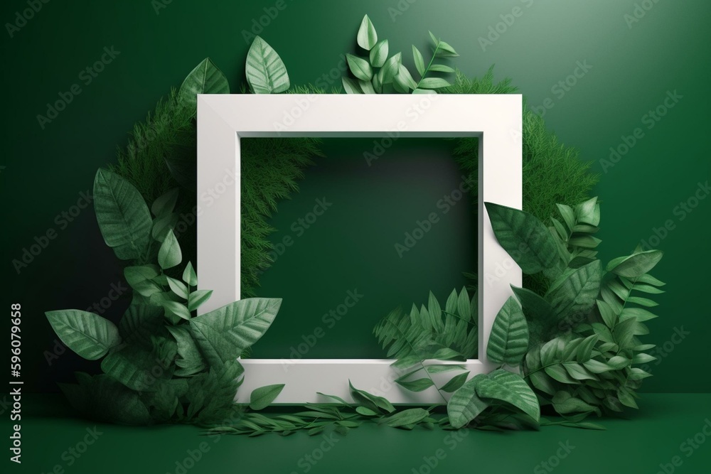 A square frame with green leaves and white paper on green background with white forest. 3D render environmental art. Generative AI