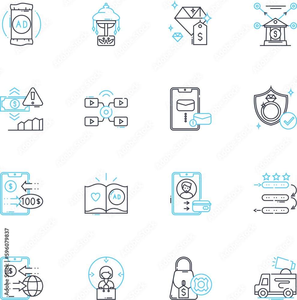 Advertising and marketing linear icons set. Branding, Promotion, Sales, Campaign, Analytics, Strategy, Targeting line vector and concept signs. Research,Segmentation,Awareness outline illustrations Advertising and marketing linear icons set. Branding, Promotion, Sales, Campaign, Analytics, Strategy, Targeting line vector and concept signs. Research,Segmentation,Awareness outline illustrations
