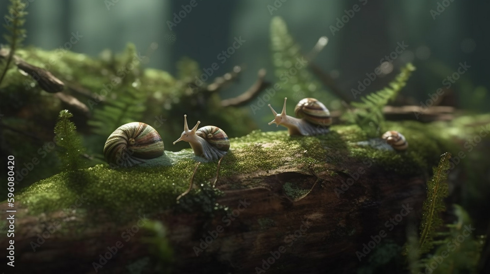 Two snails on a green leaf on a dark background close up.generative ai