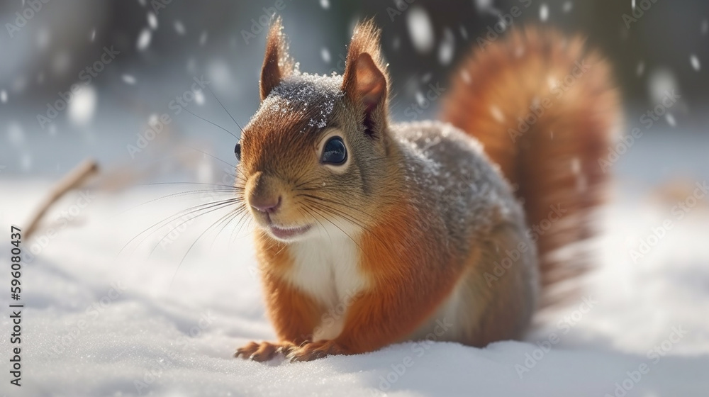 Red squirrel sitting on snow in winter forest with snowflakes..generative ai Red squirrel sitting on snow in winter forest with snowflakes..generative ai