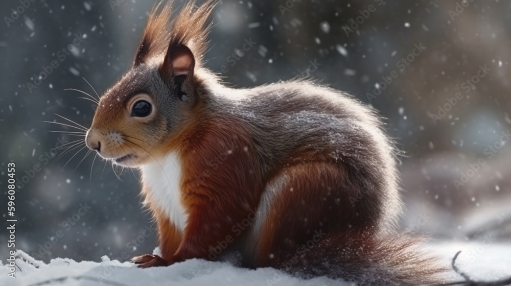 Red squirrel sitting on snow in winter forest with snowflakes..generative ai