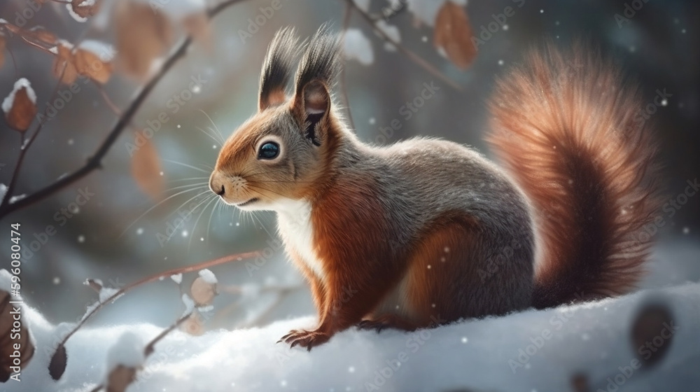 Red squirrel sitting on snow in winter forest with snowflakes..generative ai Red squirrel sitting on snow in winter forest with snowflakes..generative ai