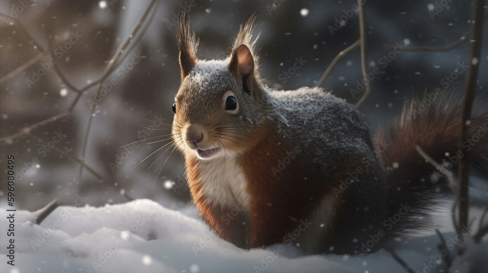 Red squirrel sitting on snow in winter forest with snowflakes..generative ai Red squirrel sitting on snow in winter forest with snowflakes..generative ai