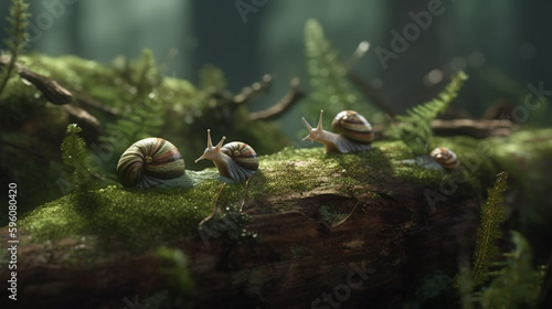 Two snails on a green leaf on a dark background close up.generative ai