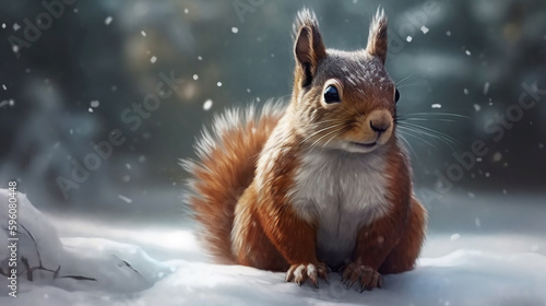 Red squirrel sitting on snow in winter forest with snowflakes..generative ai