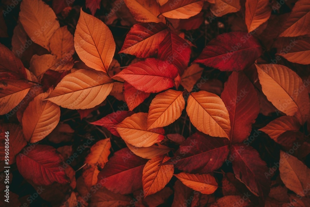 Pattern of autumnal foliage in shades of red and orange serves as background. Generative AI
