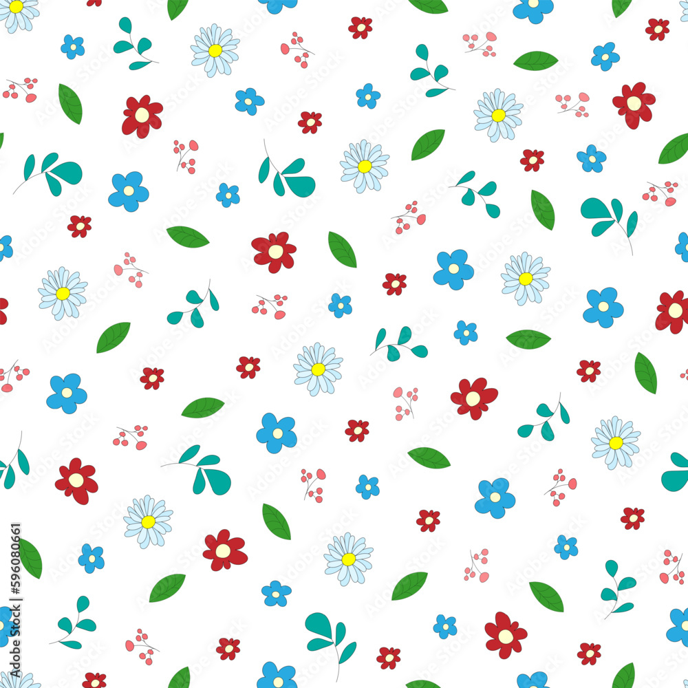 Vector seamless stylish summer pattern in cartoon style with leaves and flowers on a white background. Can be used for printing, textile and packaging. Vector seamless stylish summer pattern in cartoon style with leaves and flowers on a white background. Can be used for printing, textile and packaging.