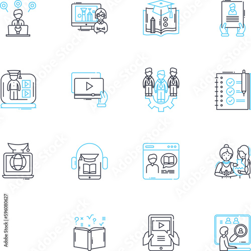 Virtual instruction linear icons set. Distance, Online, Remote, Virtual, Web-based, E-learning, Digital line vector and concept signs. Cyber,Automated,Telecommuting outline illustrations