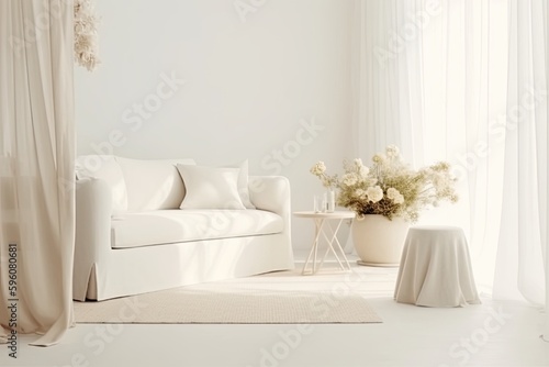 modern living room with a sleek white couch and minimalist coffee table. Generative AI © 2rogan
