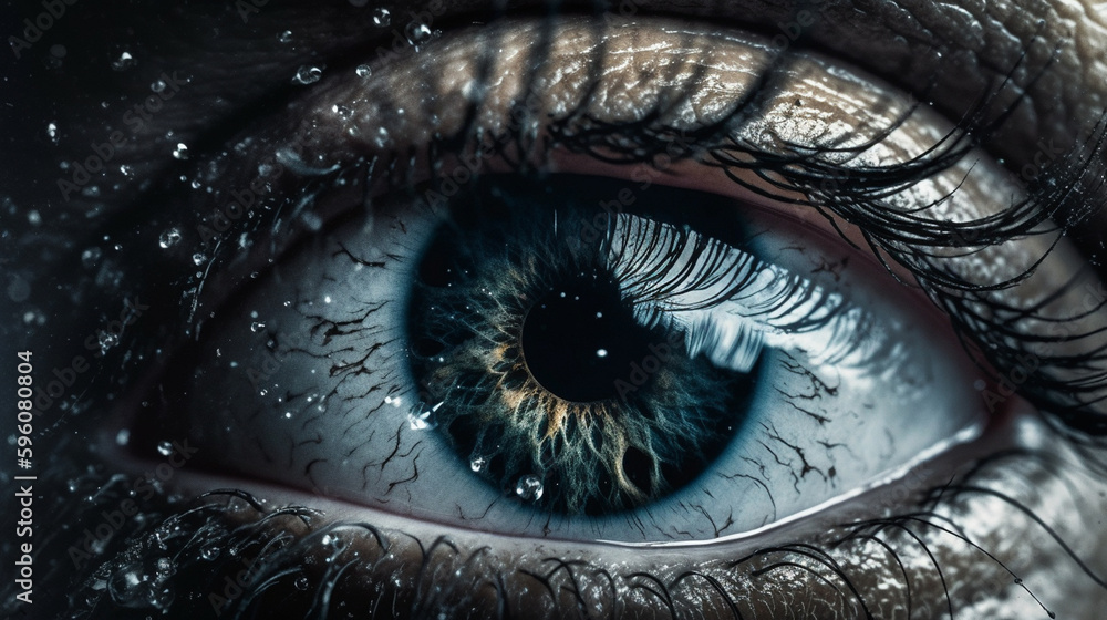 Close-up of an eye with water drops. Macro shot.generative ai