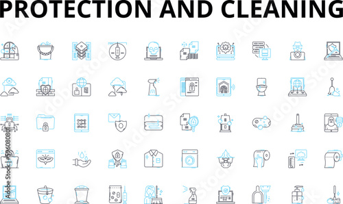 Protection and cleaning linear icons set. rotection:, Shield, Barrier, Cover, Insulate, Armor, Fortress vector symbols and line concept signs. Shelter,Safeguard,Buffer illustration