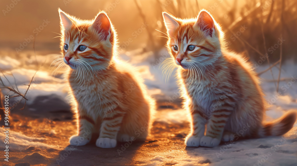 Two cute kittens in a meadow with dandelions at sunset.generative ai