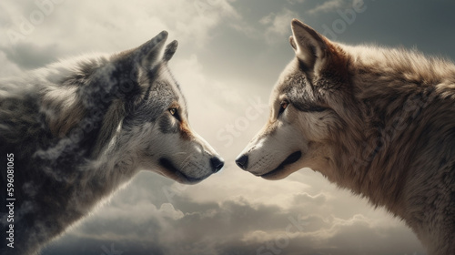 Two dogs looking at each other on sky background. Concept of friendship.generative ai