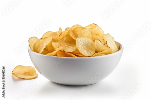 Potato chips in bowl isolated on white background  Generative AI