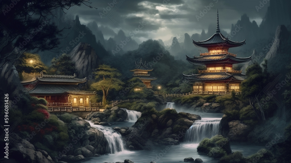 Fantasy landscape with japanese pagoda and waterfall. Digital painting.generative ai