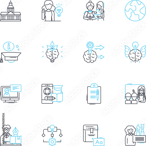 Online schooling linear icons set. Distance, Virtual, Education, Learning, E-learning, Digital, Remote line vector and concept signs. Web-based,Cyber,Interactive outline illustrations
