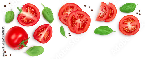 Tomato slices with basil isolated on white background. FTop view with copy space for your text. Flat lay