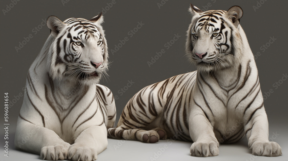 Naklejka premium Two white tigers isolated on a white background.generative ai