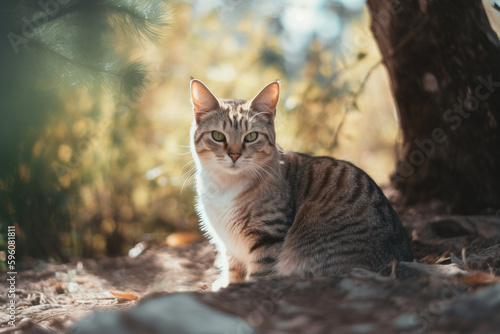 Domestic cat in nature. Created using Generative AI technology.