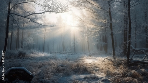 Mysterious dark forest in winter with fog and sunbeams.generative ai